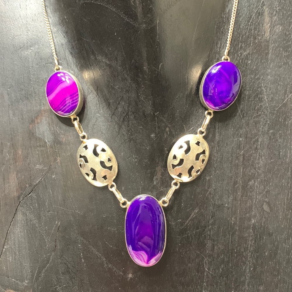 Silver necklace purple stones